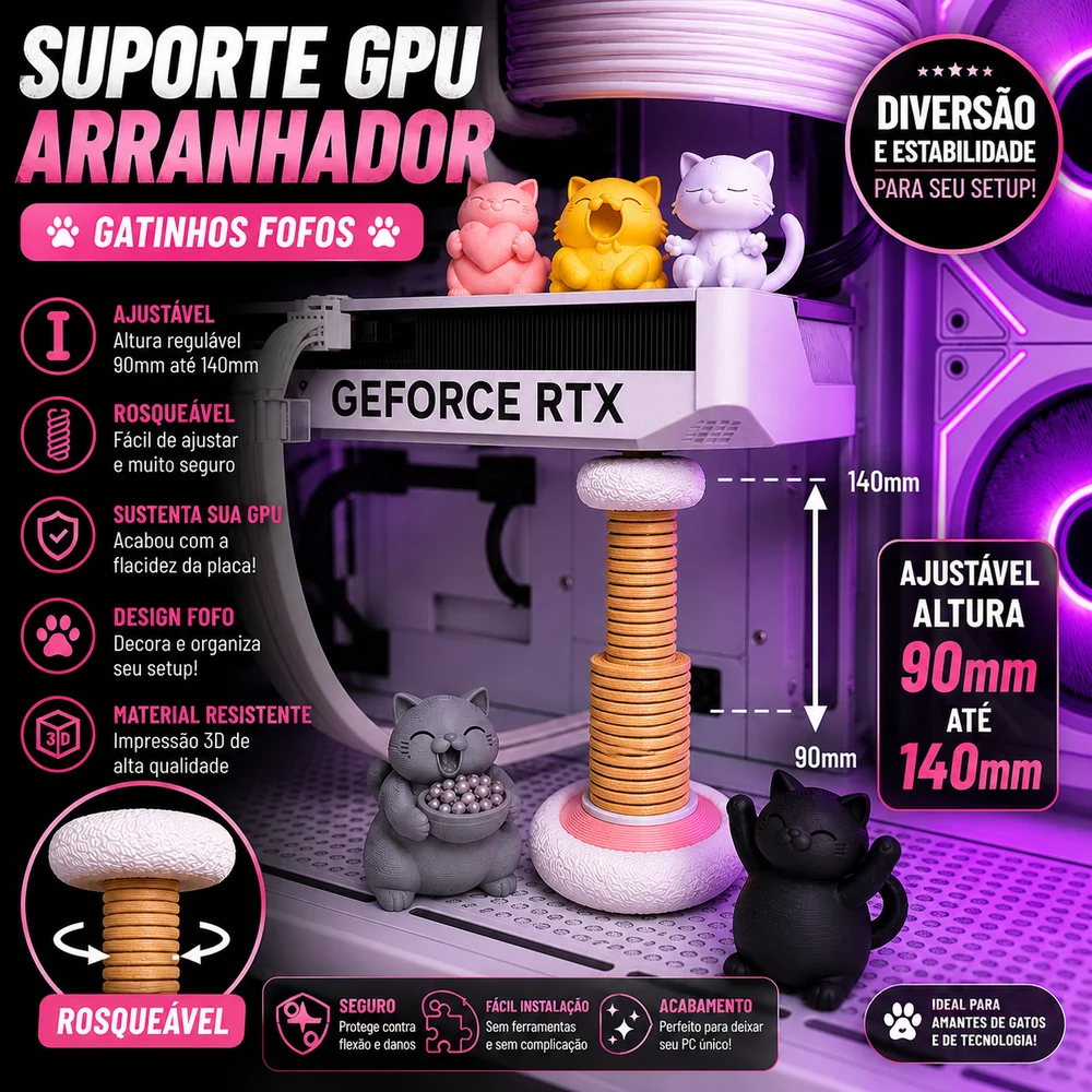 Imagem 4 de 5 do produto Suporte Para Placa De Vídeo Gpu Gatinhos Fofos (ajustável 90mm X 140mm)(g)