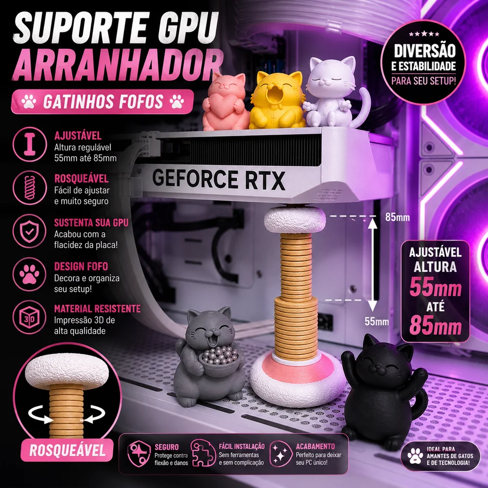 Imagem 4 de 5 do produto Suport Para Placa De Vídeo Gpu Gatinhos Fofo (ajustavel 55mm X 85mm)(p)