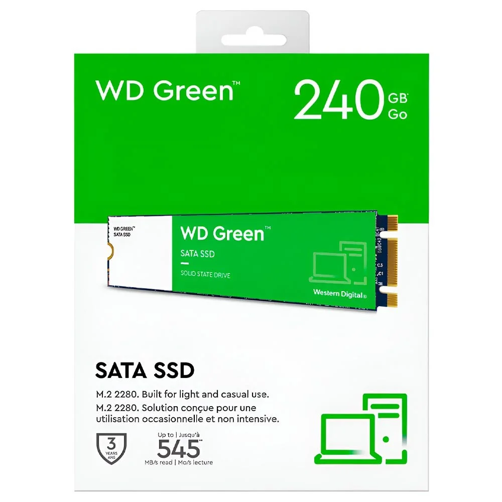 Imagem 2 de 3 do produto SSD WD M.2 240GB Green Sata 3 Wds240g3g0b Leitura 545mb/s Escrita 425mb/s Armazenamento Interno Gamer