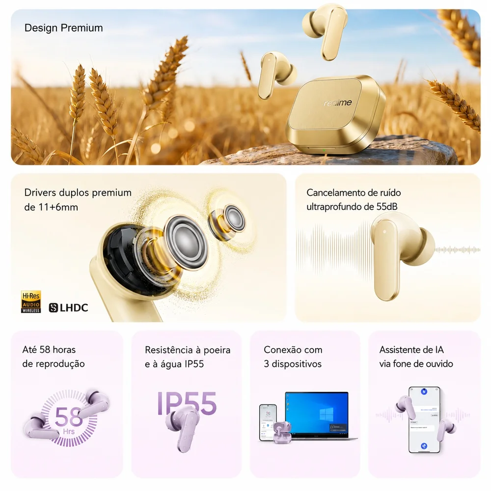 Imagem 4 de 5 do produto Fone De Ouvido Realme Buds Air 8, Tradução Next Ai, Anc, 55db, Conexão Tripla, Ip55, Wireless, Preto