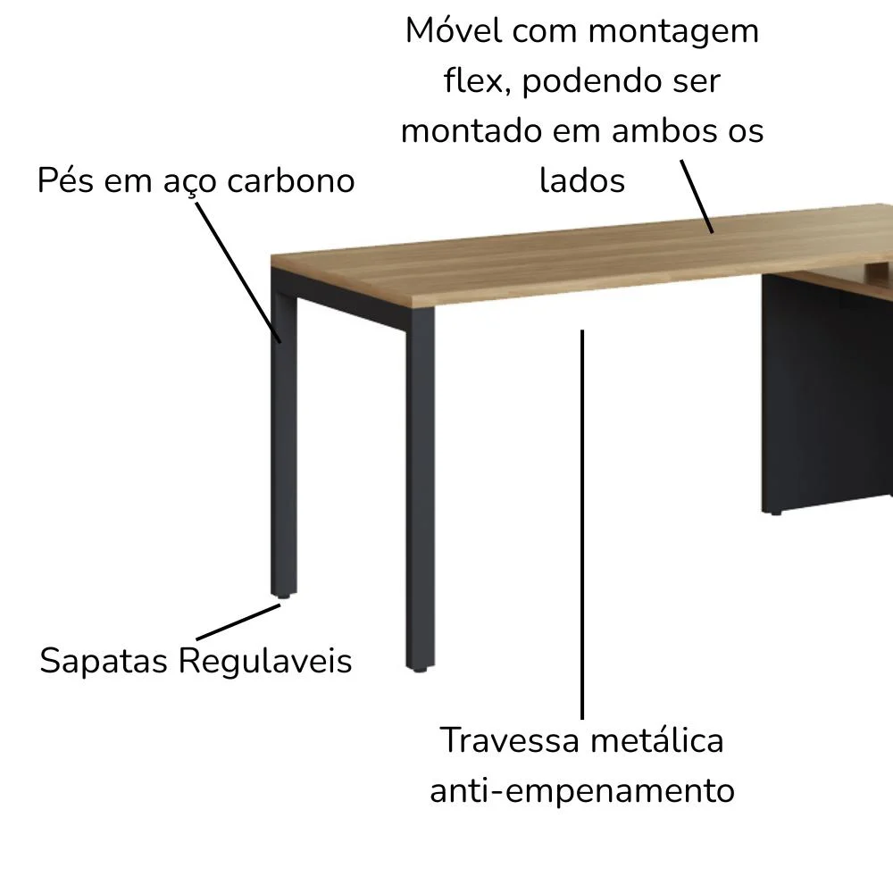 Imagem 3 de 5 do produto Mesa Escritorio Office 180x160 Cm 25856 Nogal Sevilha Preto Artesano