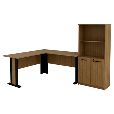 Mesa Escrivaninha De Canto Armario Para Escritorio 02 Portas Amendoa Preto Tecno Mobili