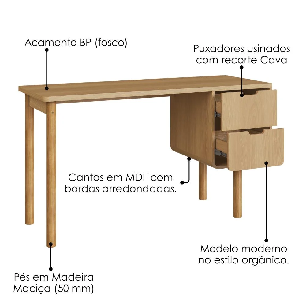Imagem 2 de 5 do produto Escrivaninha 2 Gavetas 136 Cm Pes Madeira Maciça 28106 Hanover Artesano
