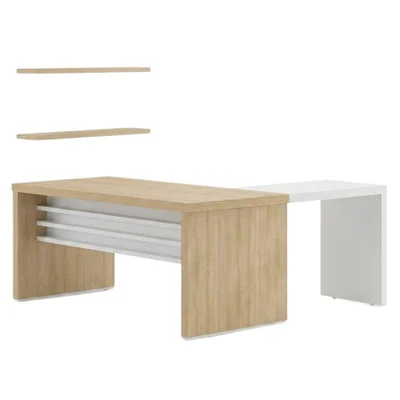 Mesa Escritorio 136x60 Cm Com Mesa De Apoio 89 Cm E 2 Prateleiras Suspensas Carvalho Branco Artany