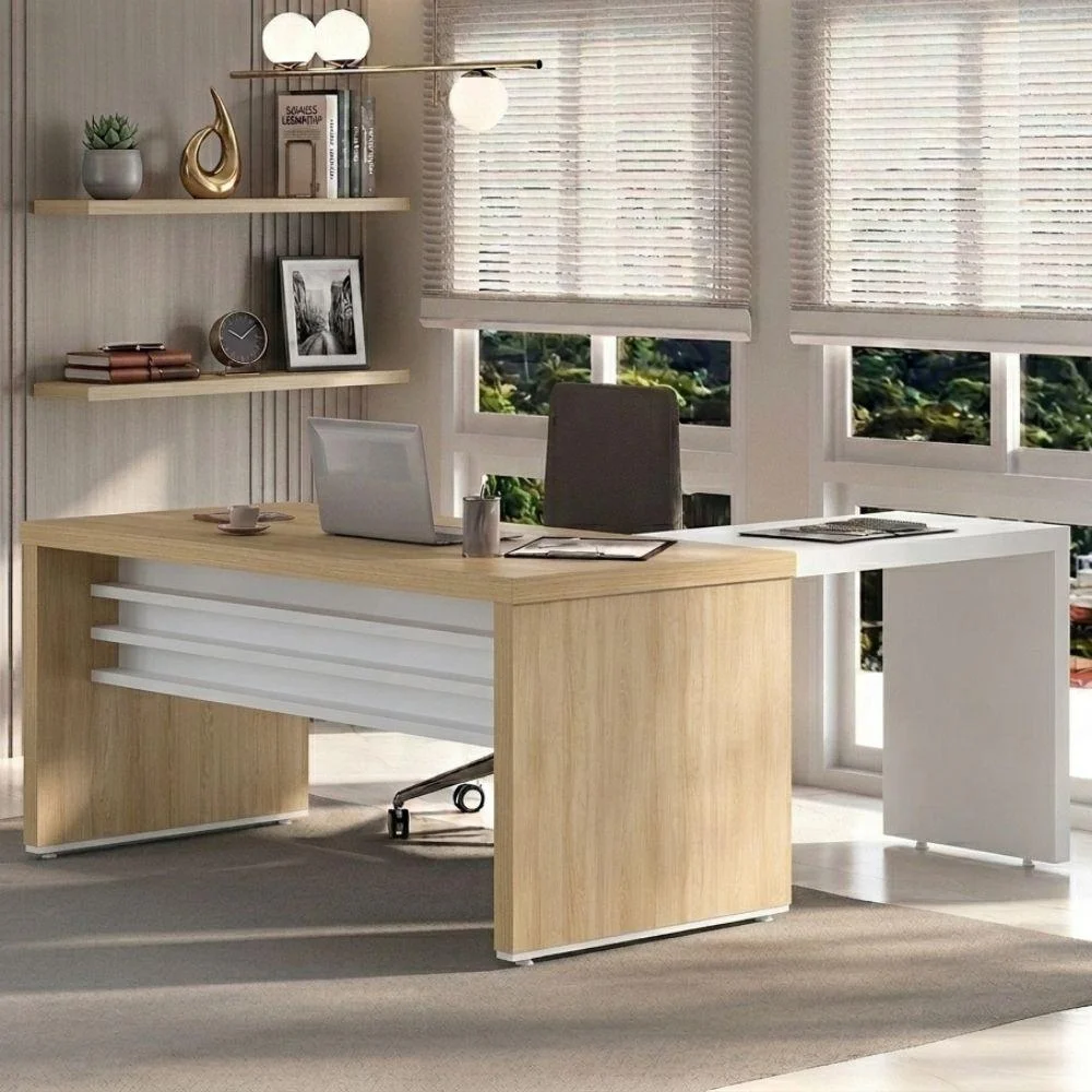 Imagem 2 de 5 do produto Mesa Escritorio 136x60 Cm Com Mesa De Apoio 89 Cm E 2 Prateleiras Suspensas Carvalho Branco Artany