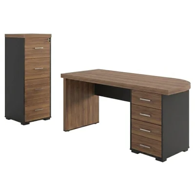 Mesa Escritorio 4 Gavetas 180x80 Cm E Armario Arquivo 4 Gavetas 132x47 Cm Nogal Preto Artany