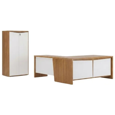 Mesa Escritorio 3 Gavetas 2 Portas Em L 190x180 Cm E Armario 2 Portas 160x77 Cm Freijo Branco Artany