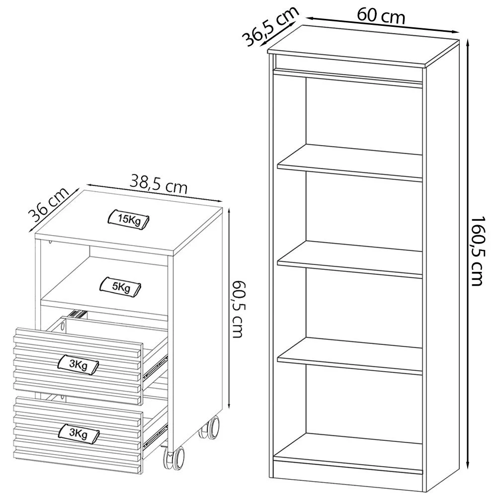 Imagem 2 de 5 do produto Escrivaninha Estante E Gaveteiro Para Escritorio Mex74x50x75 Branco Tecno Mobili