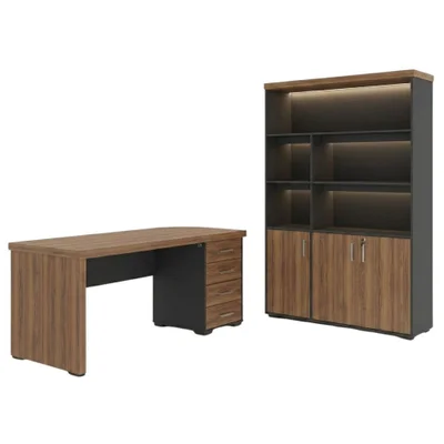 Mesa Escritorio 4 Gavetas 180x80 Cm E Estante Com LED 3 Portas 193x136 Cm Nogal Preto Artany