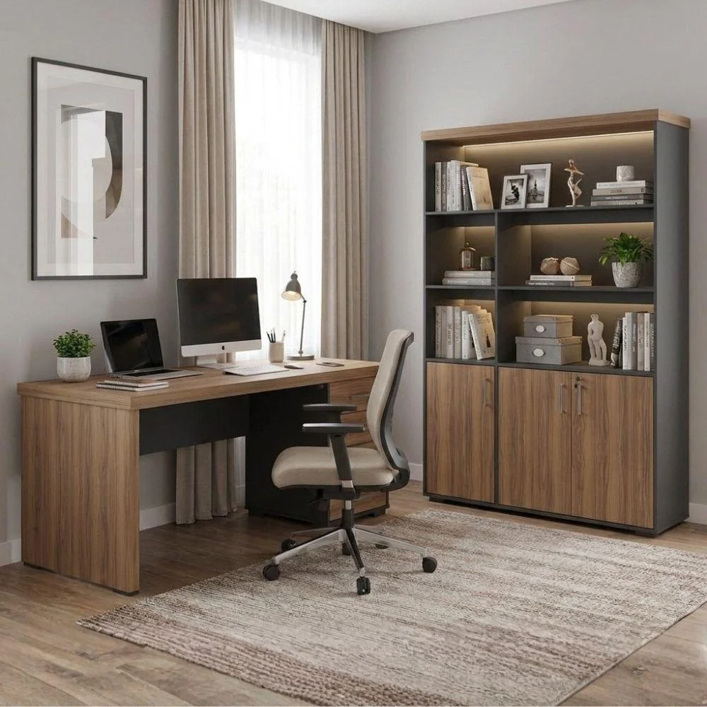 Imagem 3 de 5 do produto Mesa Escritorio 4 Gavetas 180x80 Cm E Estante Com LED 3 Portas 193x136 Cm Nogal Preto Artany