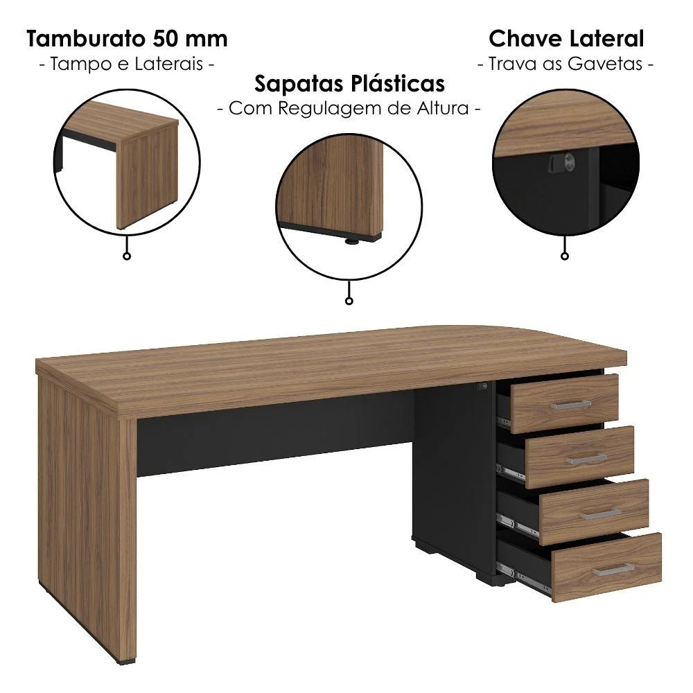 Imagem 4 de 5 do produto Mesa Escritorio 4 Gavetas 180x80 Cm E Estante Com LED 3 Portas 193x136 Cm Nogal Preto Artany