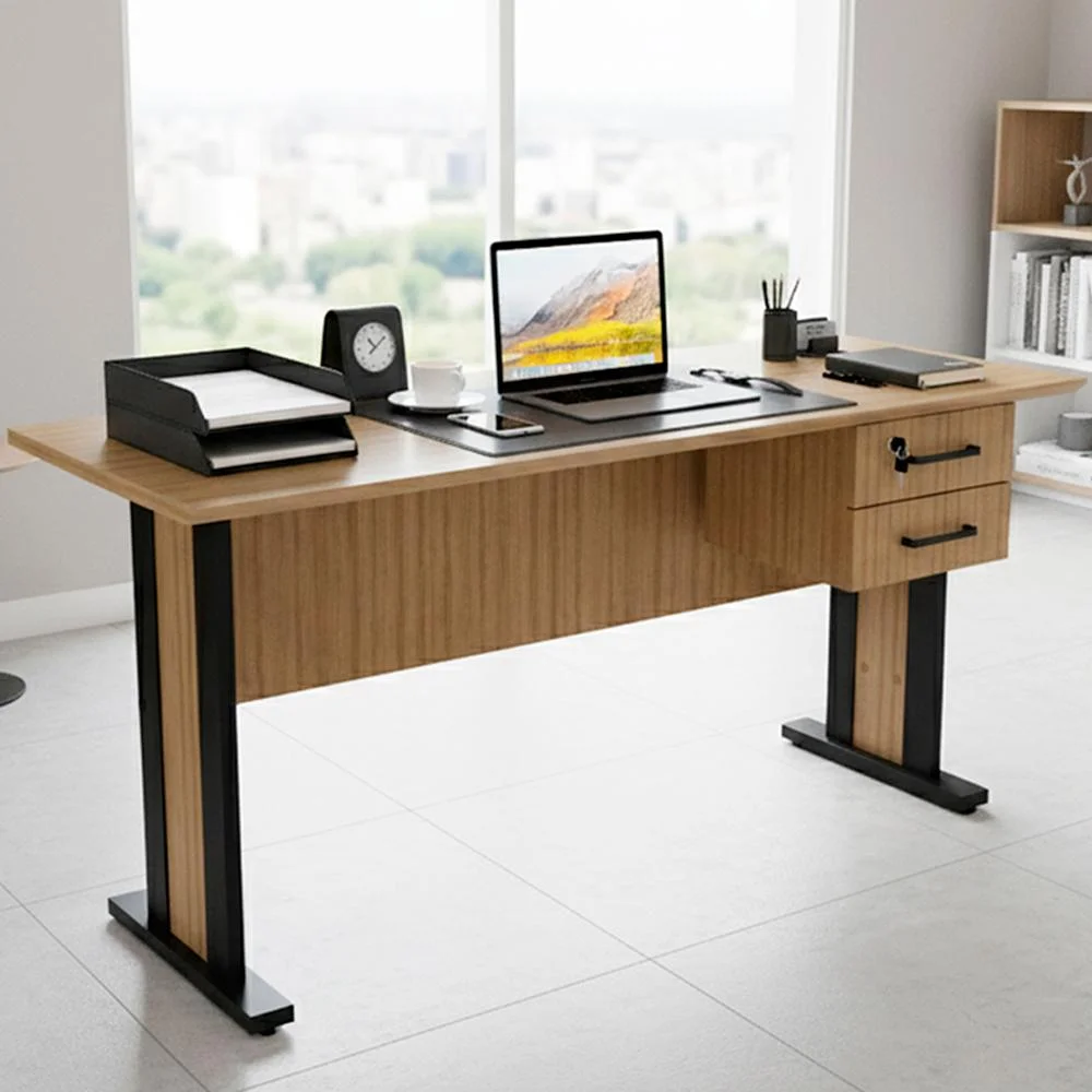 Imagem 2 de 5 do produto Mesa De Escritorio 2 Gavetas E Chave 160 Cm Me4193 Amendoa Preto Tecno Mobili