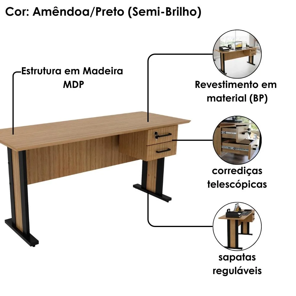 Imagem 3 de 5 do produto Mesa De Escritorio 2 Gavetas E Chave 160 Cm Me4193 Amendoa Preto Tecno Mobili