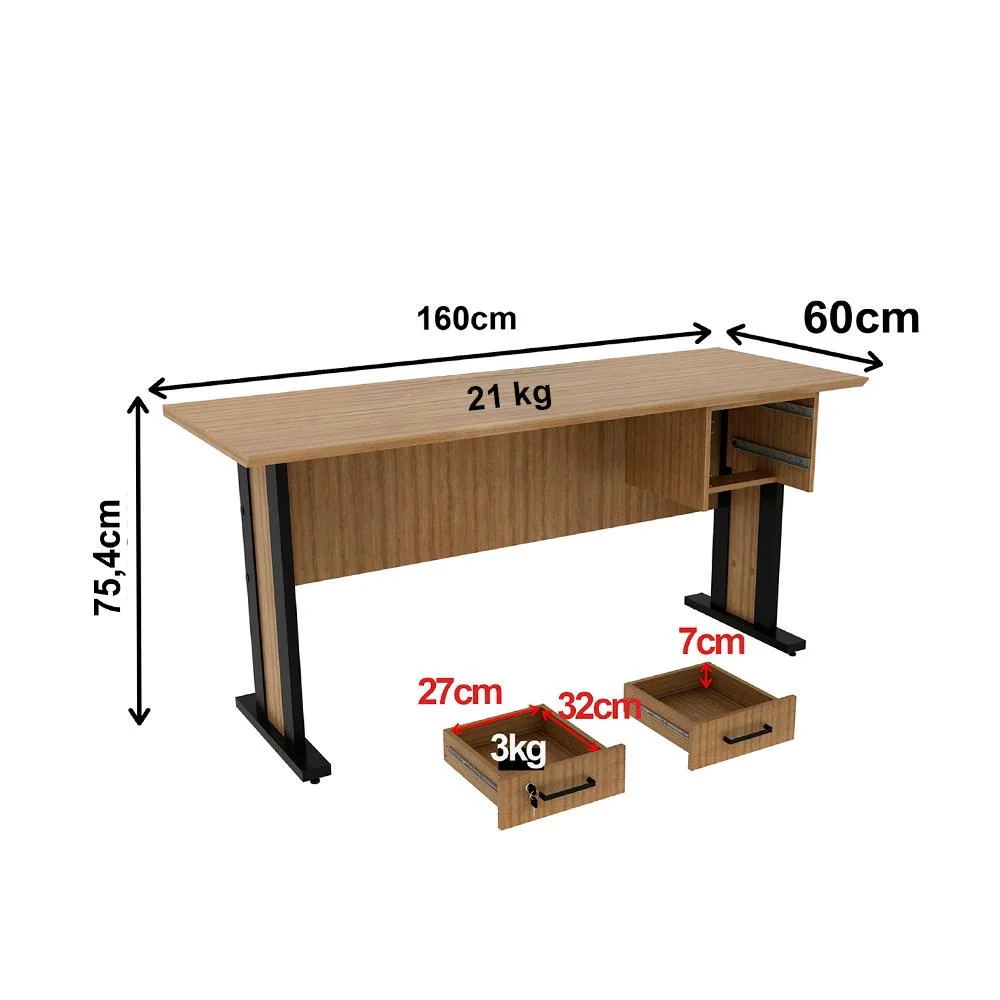 Imagem 5 de 5 do produto Mesa De Escritorio 2 Gavetas E Chave 160 Cm Me4193 Amendoa Preto Tecno Mobili