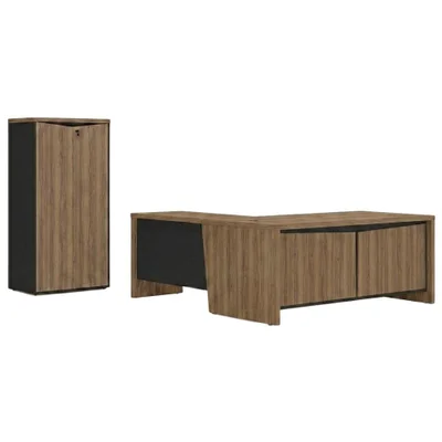 Mesa Escritorio 3 Gavetas 2 Portas Em L 190x180 Cm E Armario 2 Portas 160x77 Cm Nogal Preto Artany