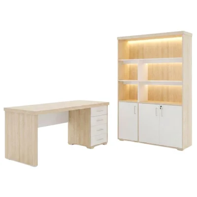 Mesa Escritorio 4 Gavetas 180x80 Cm E Estante Com LED 3 Portas 193x136 Cm Carvalho Branco Artany
