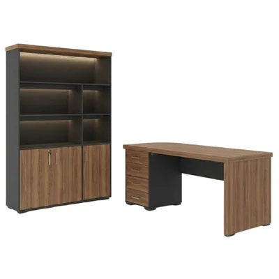 Mesa Escritorio 4 Gavetas 180x80 Cm E Estante Com LED 193x136 Cm 3 Portas Nogal Preto Artany