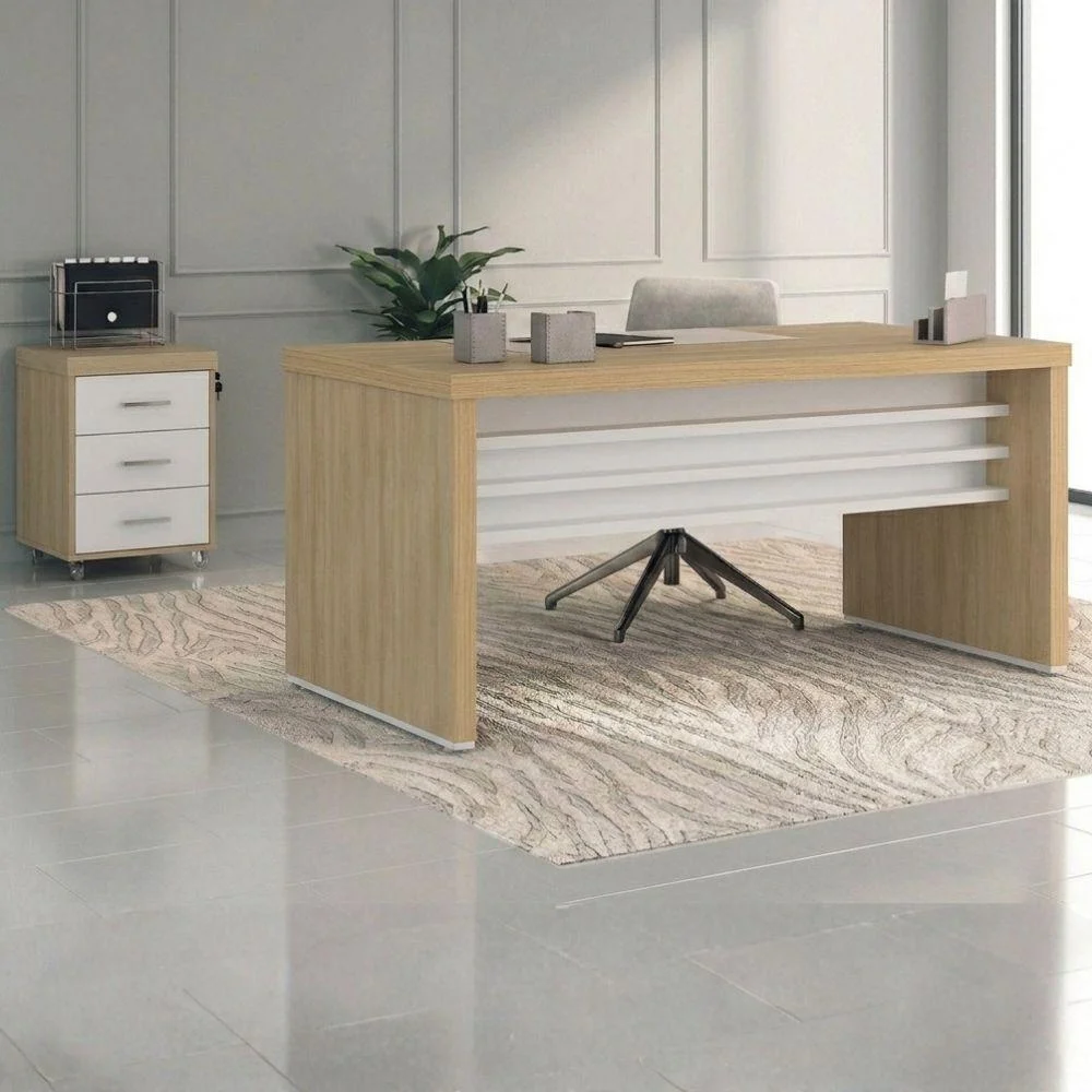 Imagem 3 de 5 do produto Mesa Escritorio 136x60 Cm E Gaveteiro 3 Gavetas 61x44 Cm Carvalho Branco Artany