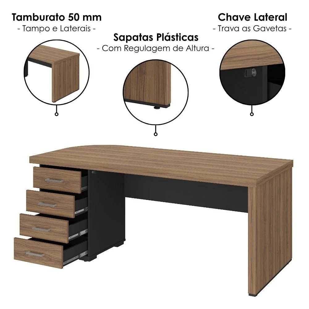 Imagem 3 de 5 do produto Mesa Escritorio 4 Gavetas 180x80 Cm Tampo Tamburato Nogal Preto Artany