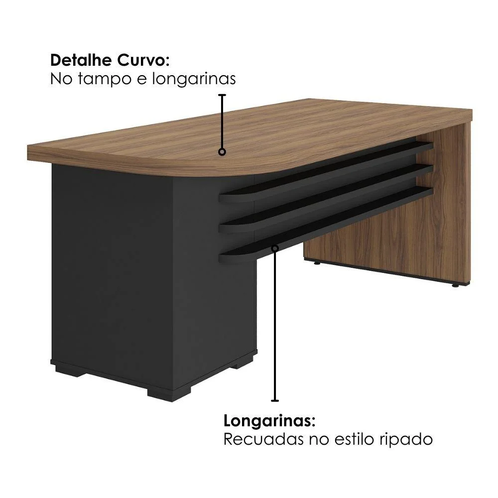 Imagem 4 de 5 do produto Mesa Escritorio 4 Gavetas 180x80 Cm Tampo Tamburato Nogal Preto Artany