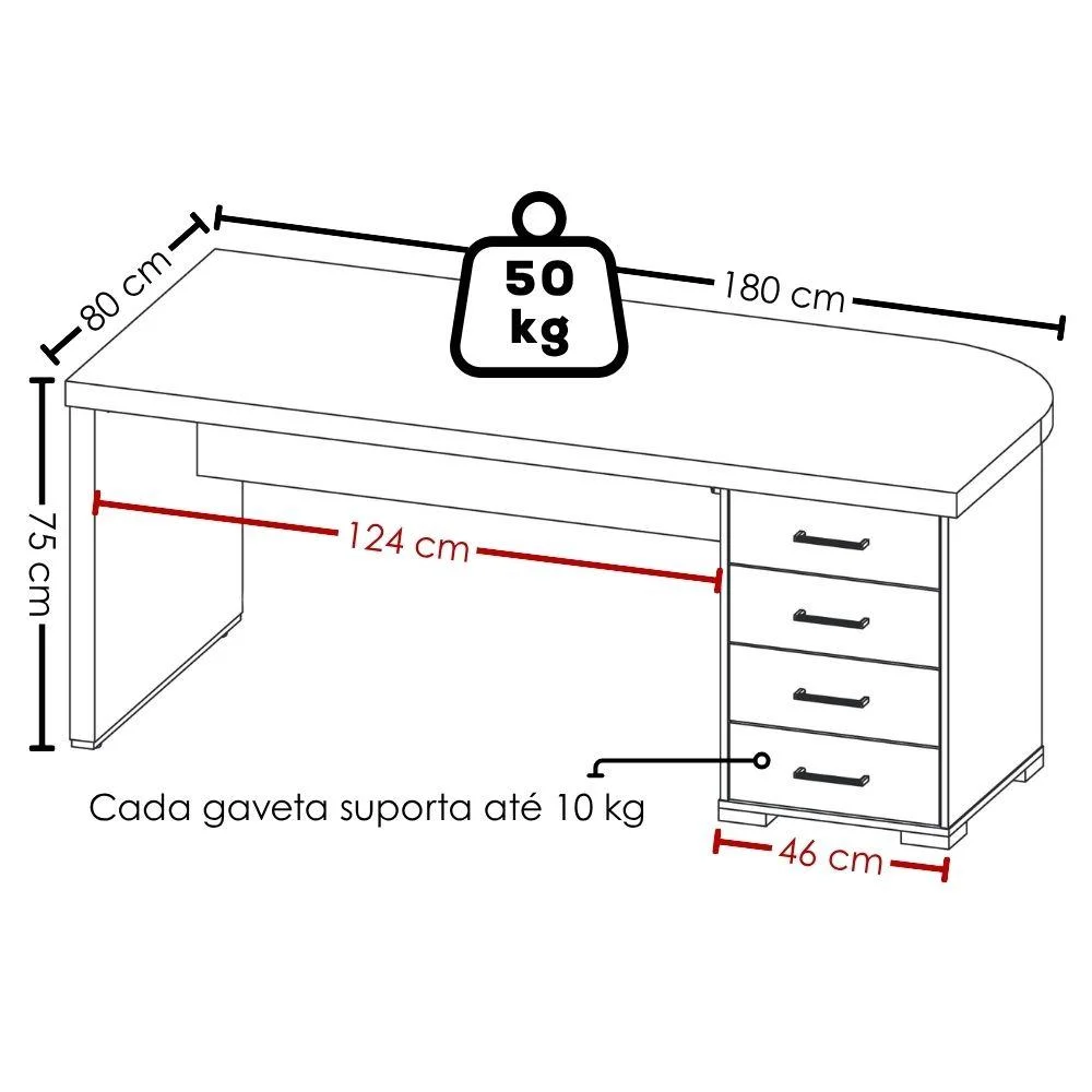 Imagem 5 de 5 do produto Mesa Escritorio 4 Gavetas 180x80 Cm Tampo Tamburato Nogal Preto Artany