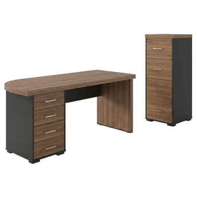 Mesa Escritorio 4 Gavetas 180x80 Cm E Armario Arquivo 132x47 Cm 4 Gavetas Nogal Preto Artany