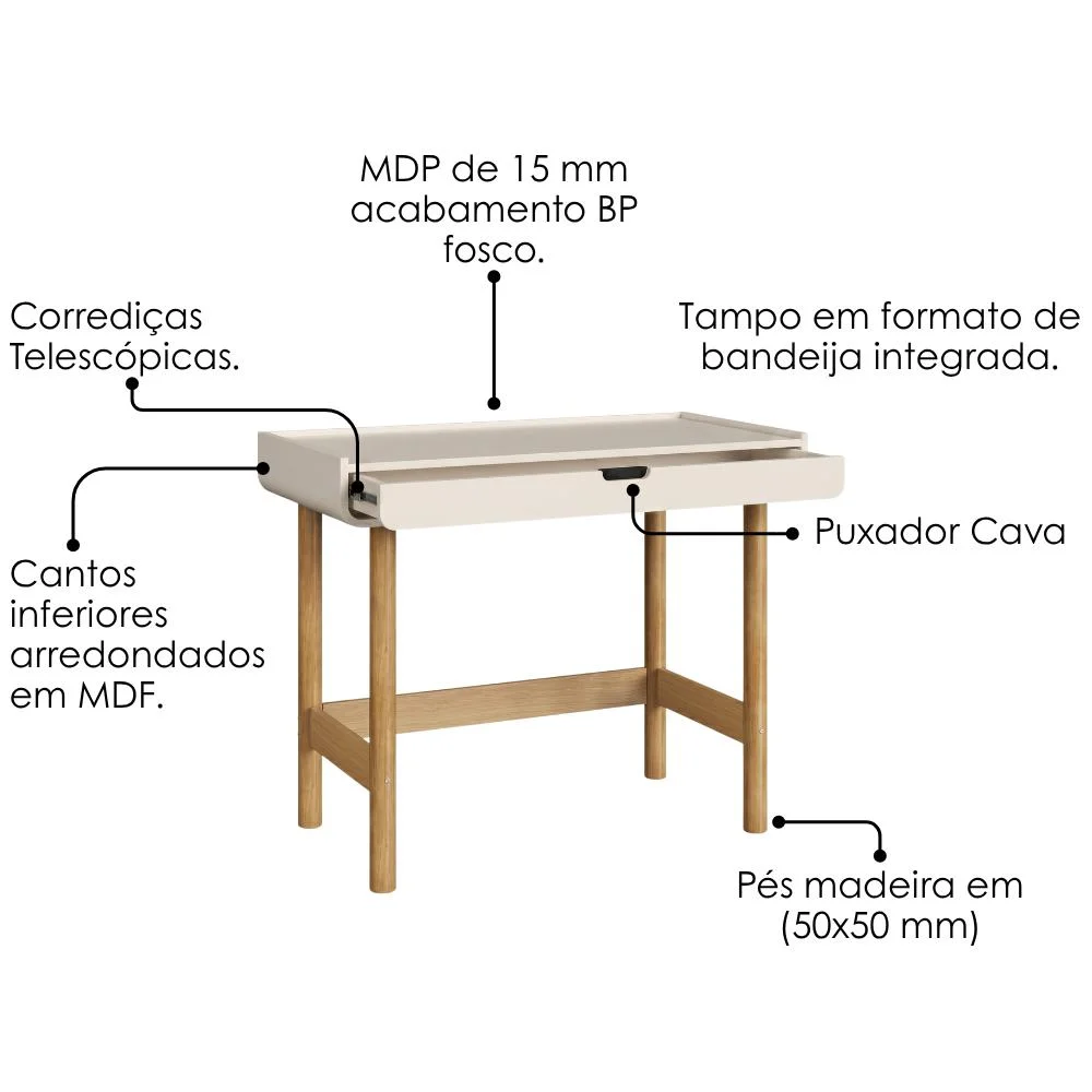 Imagem 2 de 5 do produto Escrivaninha 1 Gaveta 100 Cm 28102 Aura Off White Artesano