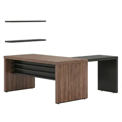 Mesa Escritorio 136x60 Cm Com Mesa De Apoio 89 Cm E 2 Prateleiras Suspensas Nogal Preto Artany