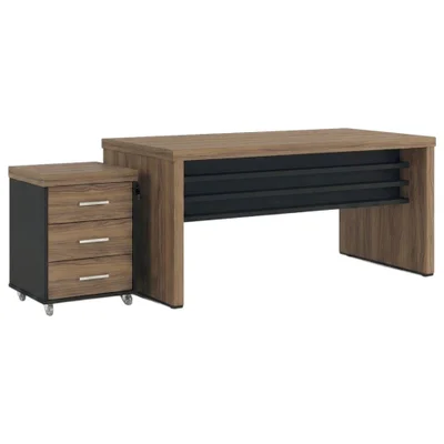 Mesa Escritorio 136x60 Cm E Gaveteiro 3 Gavetas 61x44 Cm Nogal Preto Artany