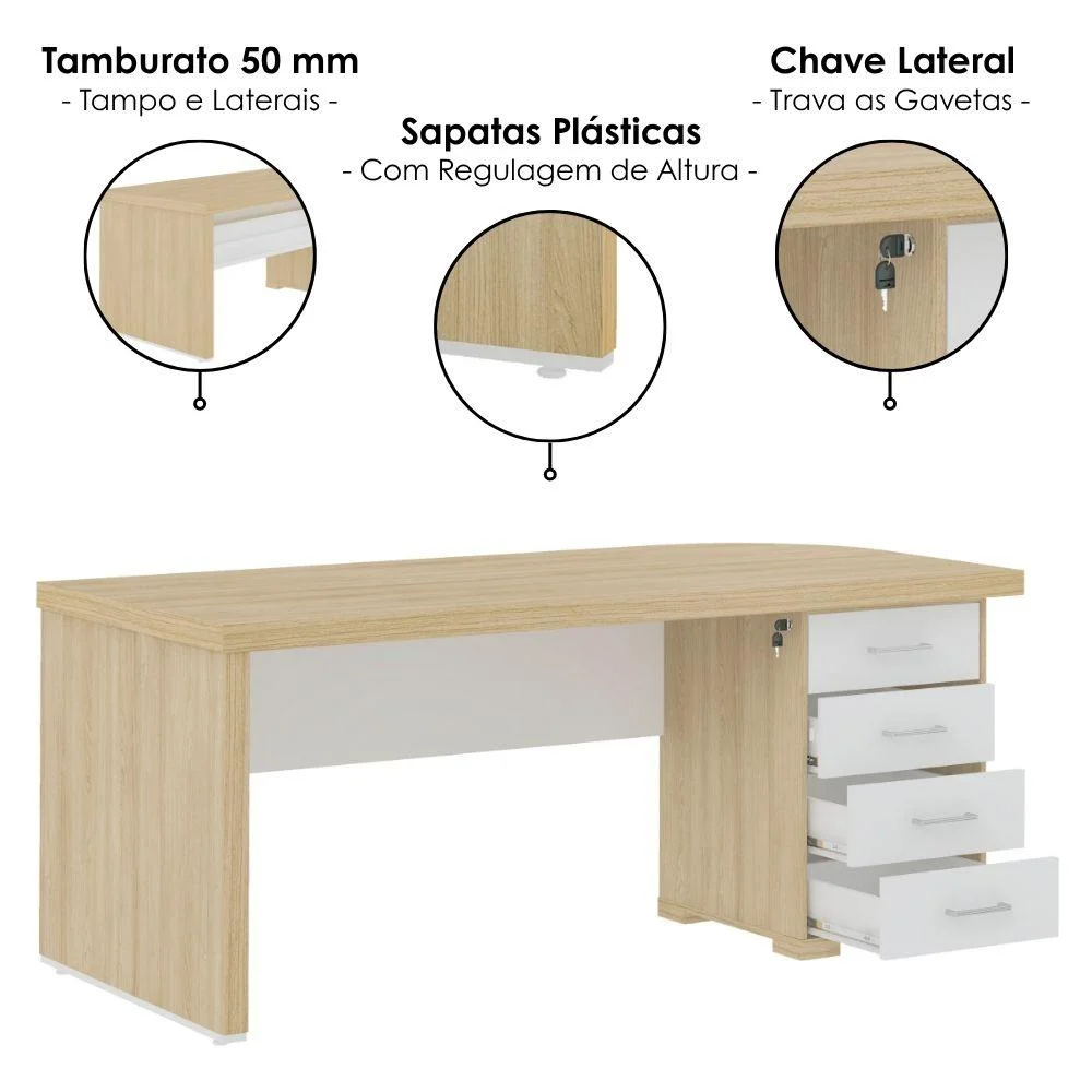 Imagem 2 de 5 do produto Mesa Escritorio 4 Gavetas 180x80 Cm E Armario Arquivo 4 Gavetas 132x47 Cm Carvalho Branco Artany