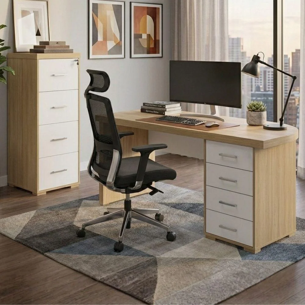 Imagem 5 de 5 do produto Mesa Escritorio 4 Gavetas 180x80 Cm E Armario Arquivo 4 Gavetas 132x47 Cm Carvalho Branco Artany