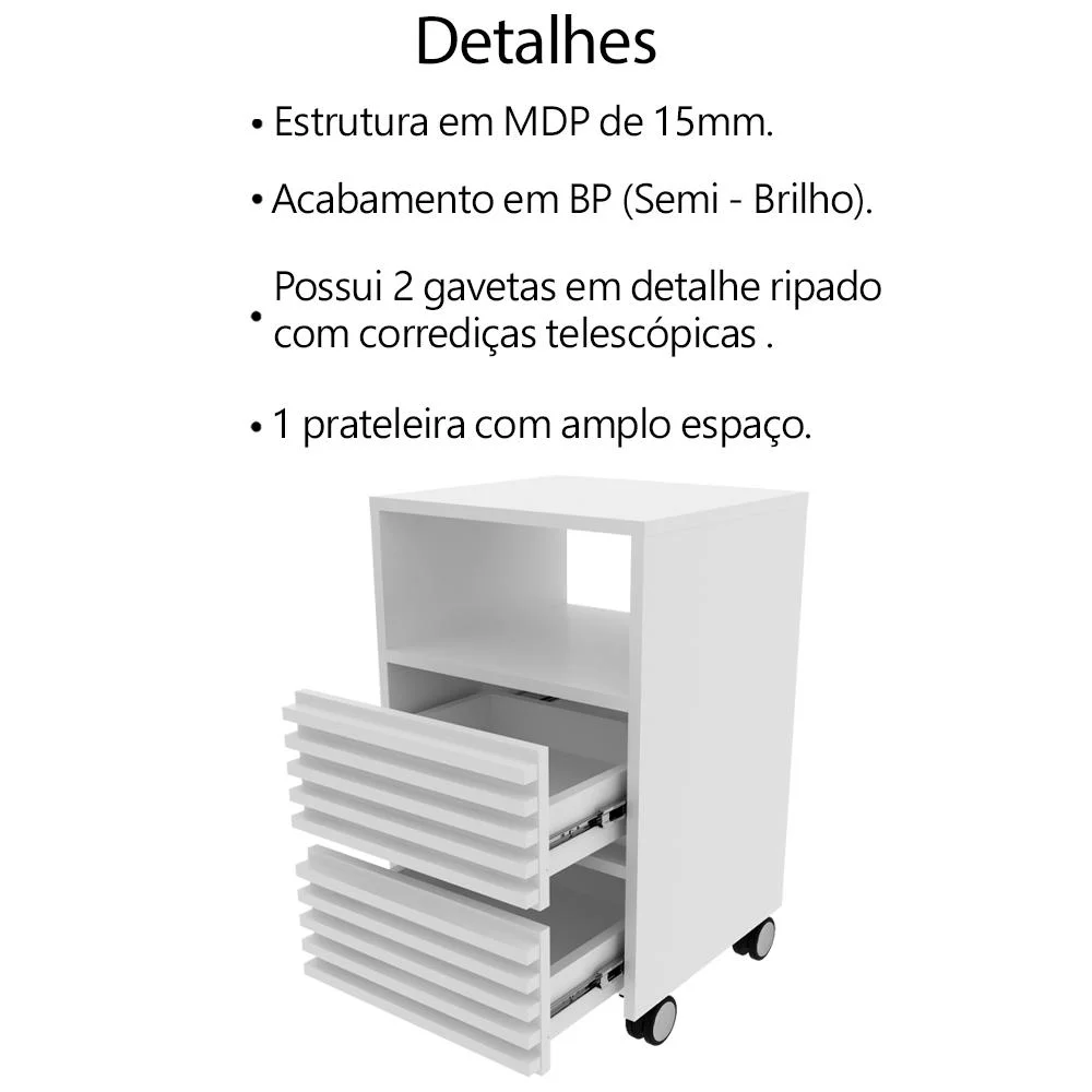 Imagem 3 de 5 do produto Gaveteiro Com Rodizio E 2 Gavetas Ripado Me4175 Branco Tecno Mobili