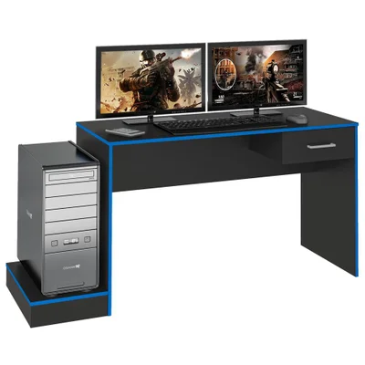 Mesa Escrivaninha Gamer 1 Gaveta 160 Cm Preto Azul Arly