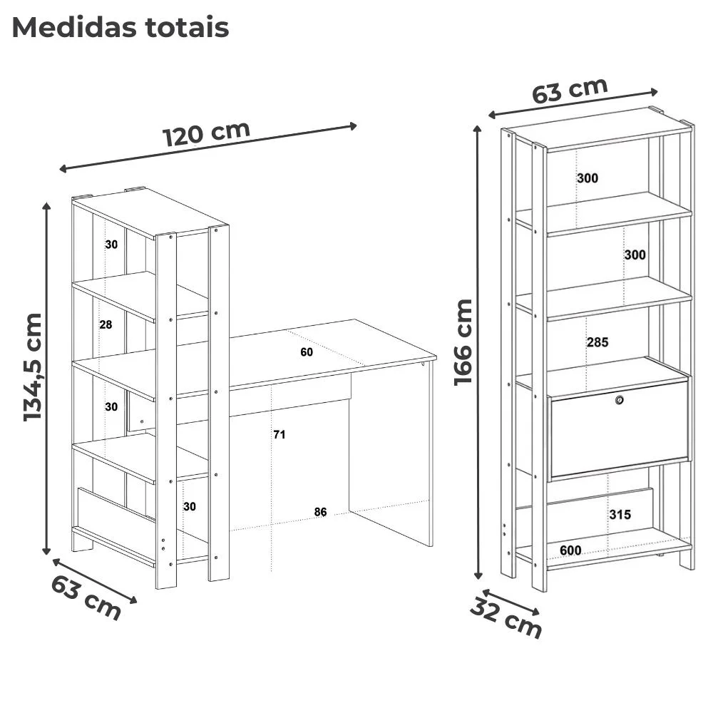 Imagem 4 de 5 do produto Mesa Escrivaninha E Estante Livreiro 1p Carvalho Off White Arly