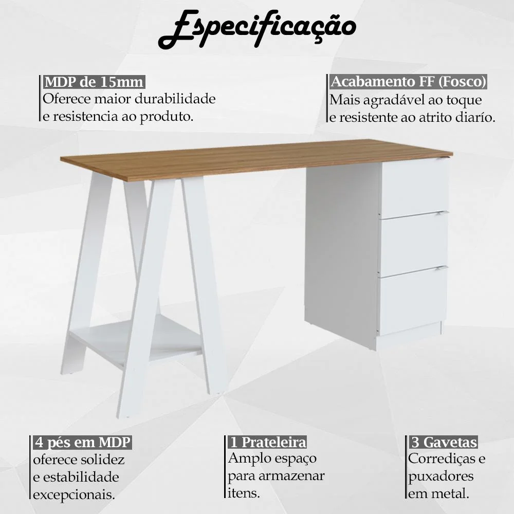 Imagem 5 de 5 do produto Escrivaninha Mesa Escritorio Cavalete 3 Gavetas B62 Mell Branco Novam
