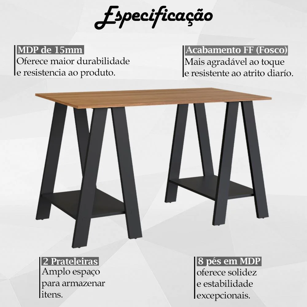 Imagem 4 de 5 do produto Escrivaninha Mesa Escritorio Cavalete 2 Prateleiras Mell Preto B61 Novam