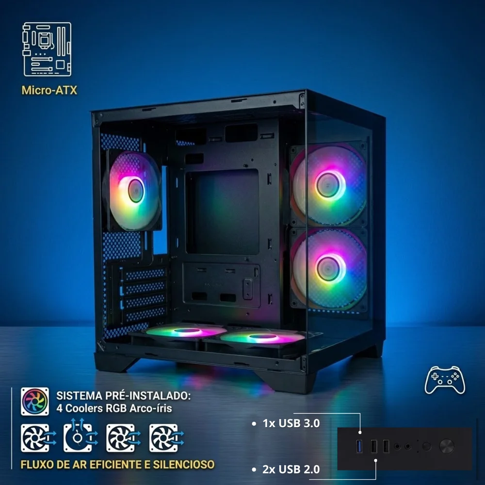 Imagem 3 de 5 do produto Gabinete Matx Brazilpc Gamer Aquario Bpc-240 Preto Com 4 Cooler Arco Iris Sem Fonte
