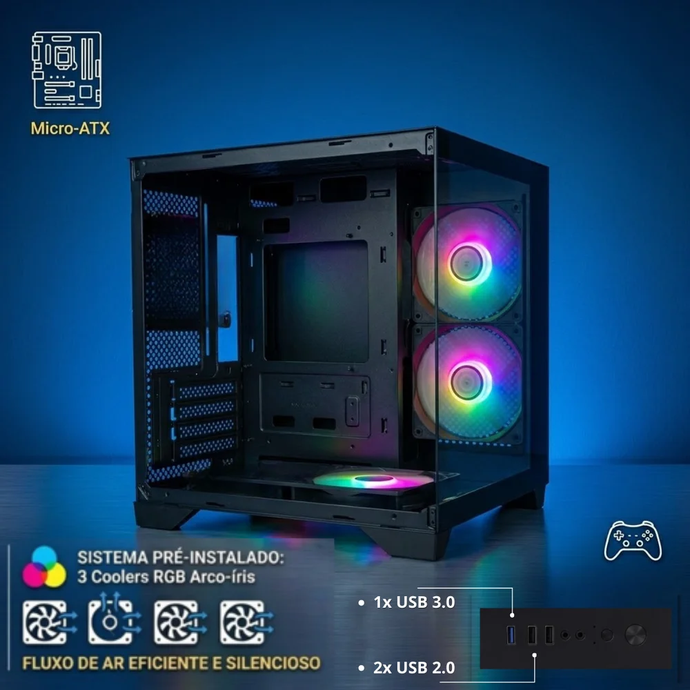 Imagem 3 de 5 do produto Gabinete Matx Brazilpc Gamer Aquario Bpc-240 Black Com 3 Cooler Arco Iris Sem Fonte