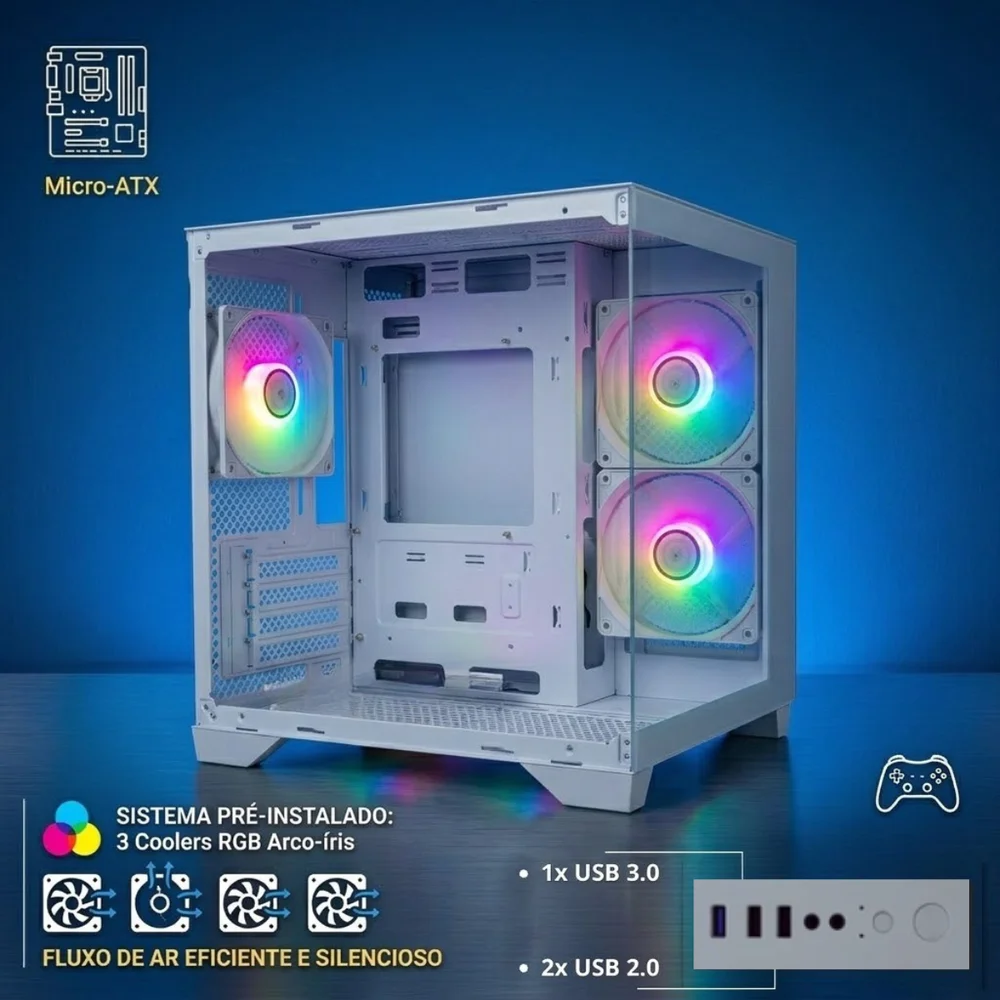 Imagem 3 de 5 do produto Gabinete Matx Brazilpc Gamer Aquario Bpc-240 Branco Com 3 Cooler Arco Iris Sem Fonte