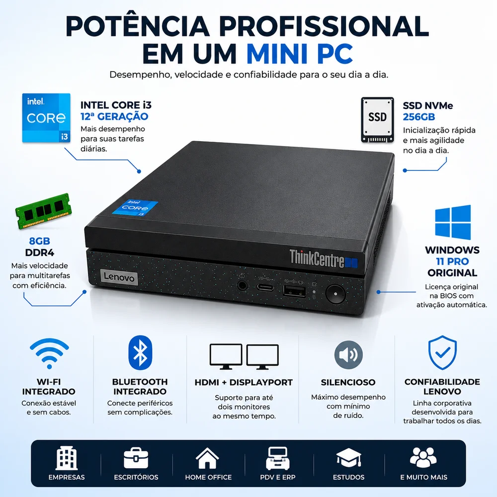 Mini PC Lenovo i3 12 8GB SSD 256gb Win11 Pro Wifi