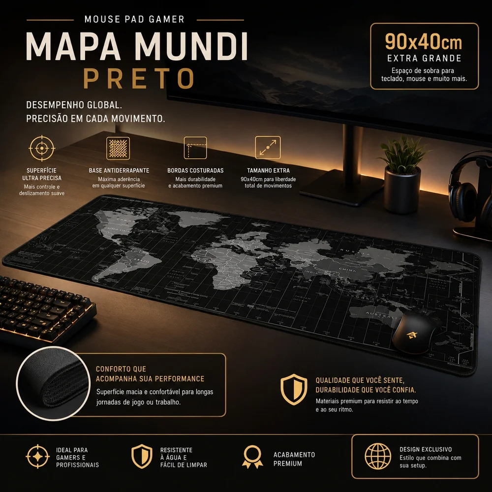 Imagem 2 de 3 do produto Mouse Pad Gamer Mapa Mundi Preto 90x40 Cm