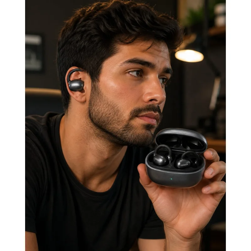 Imagem 2 de 5 do produto Fone De Ouvido Sem Fio Aiwa Ows Open Awg20b Cinza Bluetooth 6.0 Com Microfone, Design Open Ear, Estojo De Recarga