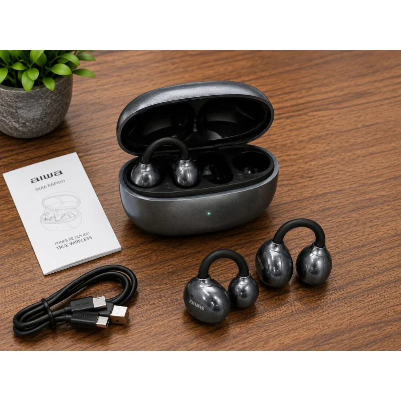 Imagem 3 de 5 do produto Fone De Ouvido Sem Fio Aiwa Ows Open Awg20b Cinza Bluetooth 6.0 Com Microfone, Design Open Ear, Estojo De Recarga