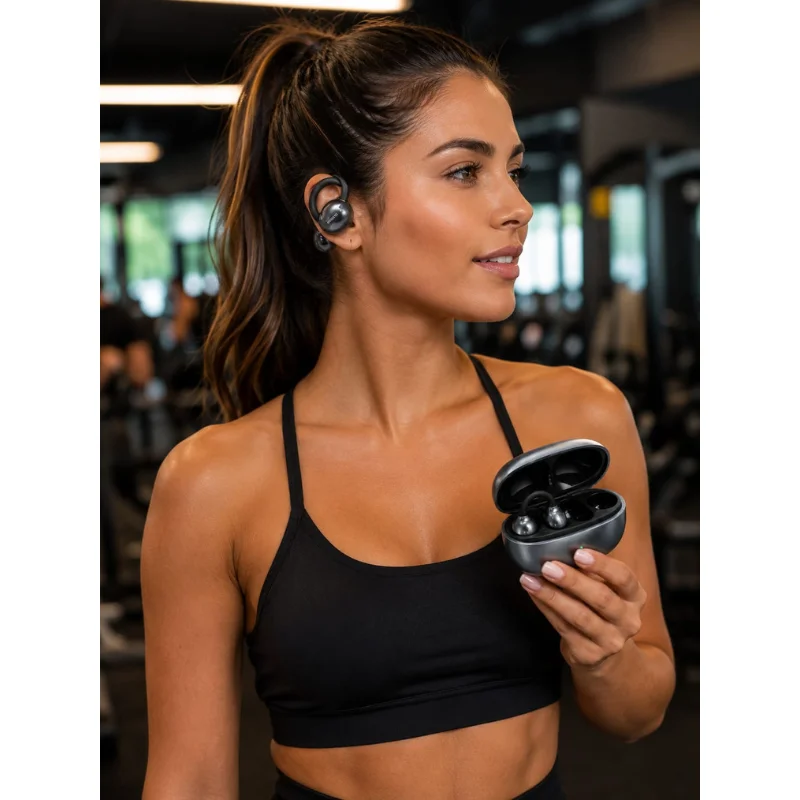 Imagem 4 de 5 do produto Fone De Ouvido Sem Fio Aiwa Ows Open Awg20b Cinza Bluetooth 6.0 Com Microfone, Design Open Ear, Estojo De Recarga