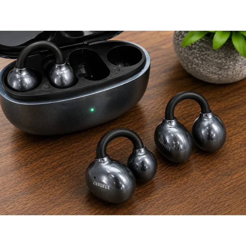 Imagem 5 de 5 do produto Fone De Ouvido Sem Fio Aiwa Ows Open Awg20b Cinza Bluetooth 6.0 Com Microfone, Design Open Ear, Estojo De Recarga