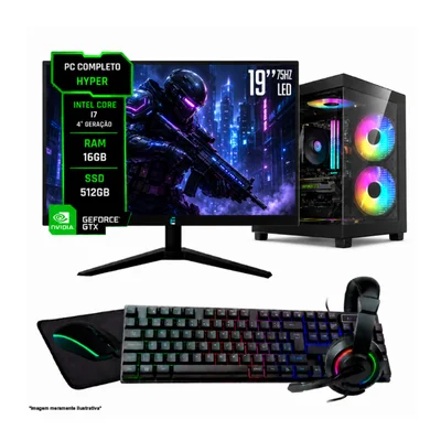 PC Completo Hyper i7 16gb Nvme 512gb Geforce 4gb Monitor 19" Kit Periféricos