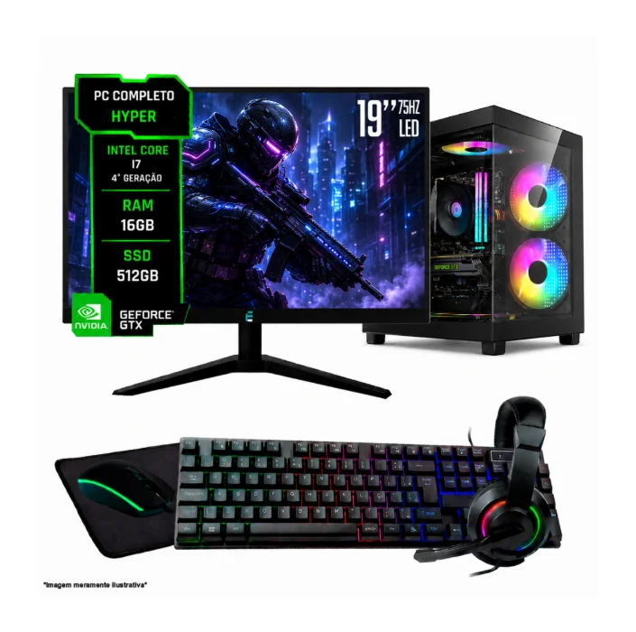 PC Completo Hyper i7 16gb Nvme 512gb Geforce 4gb Monitor 19" Kit Periféricos