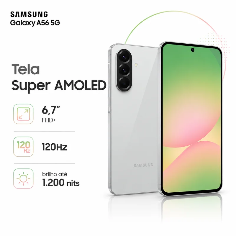 Imagem 2 de 5 do produto Smartphone Samsung Galaxy A56 5g 256gb 12gb Ram Tela 6,7" Super AmoLED 120hz Câmera 50mp Nfc Bateria 5000mah Cinza
