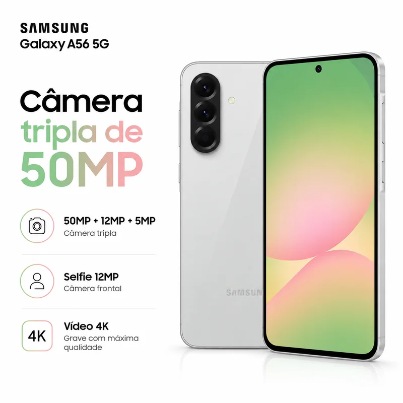 Imagem 5 de 5 do produto Smartphone Samsung Galaxy A56 5g 256gb 12gb Ram Tela 6,7" Super AmoLED 120hz Câmera 50mp Nfc Bateria 5000mah Cinza