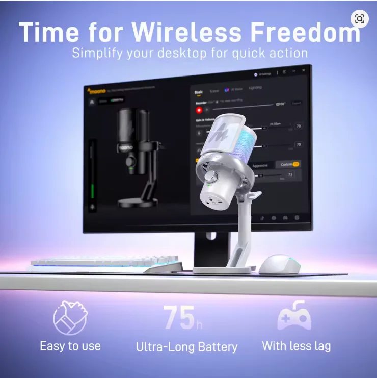 Imagem 2 de 4 do produto Microfone Condensador Usb Sem Fio Maono Dm40 Pro RGB Com Redução De Ruído Por Ia - Branco